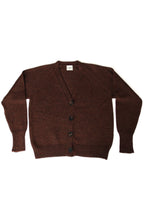 Brown 100% baby alpaca cardigan with black horn buttons on a white background