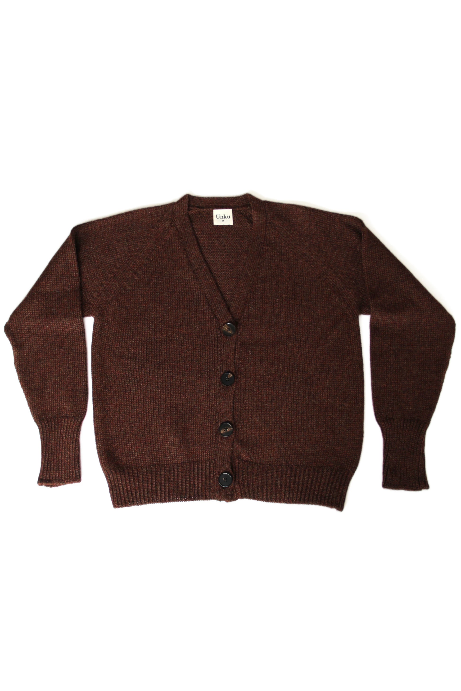 Brown 100% baby alpaca cardigan with black horn buttons on a white background