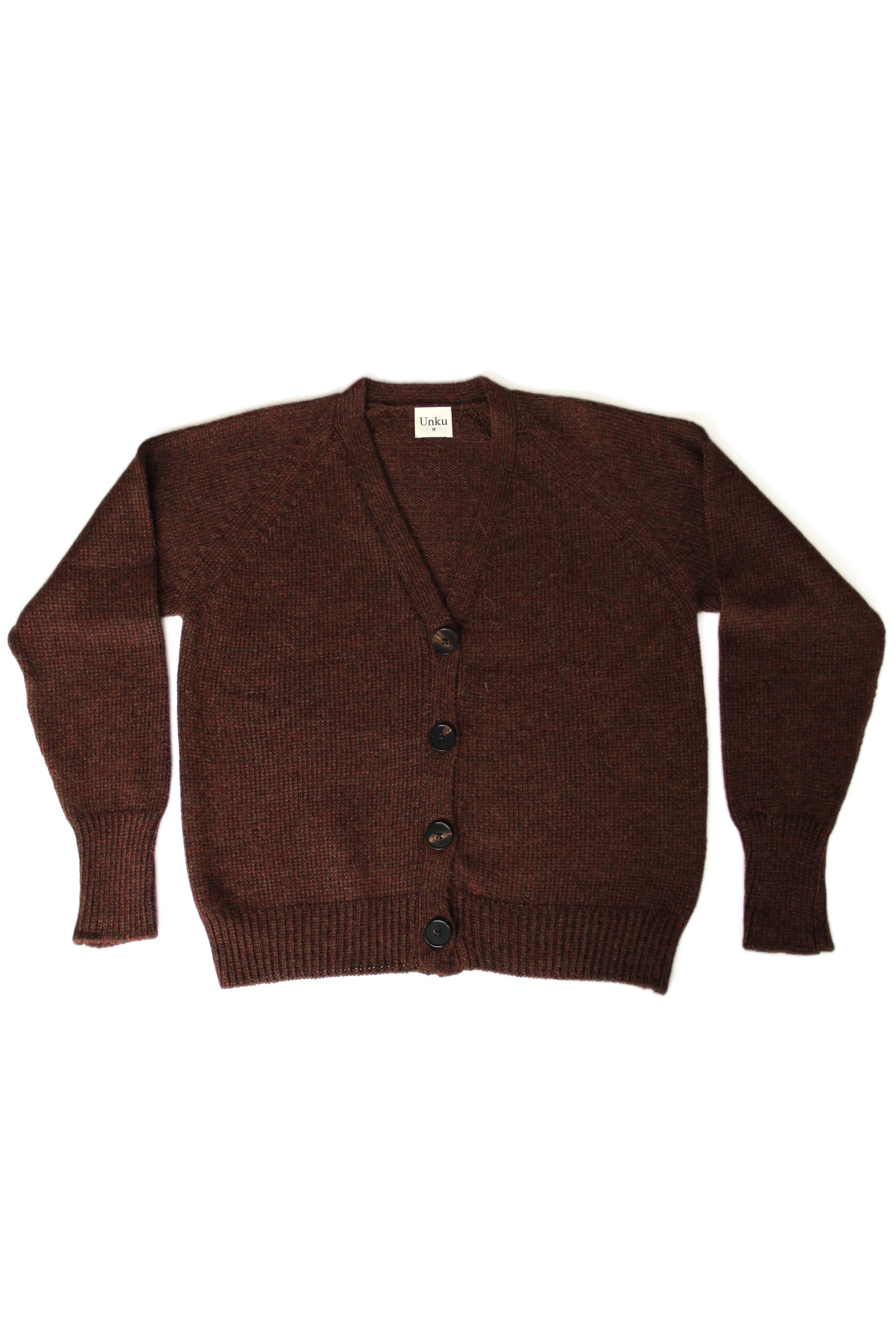Brown 100% baby alpaca cardigan with black horn buttons on a white background
