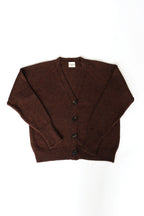Brown 100% baby alpaca cardigan with black horn buttons on a white background