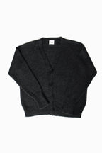 Dark gray 100% baby alpaca cardigan with black horn buttons on a white background