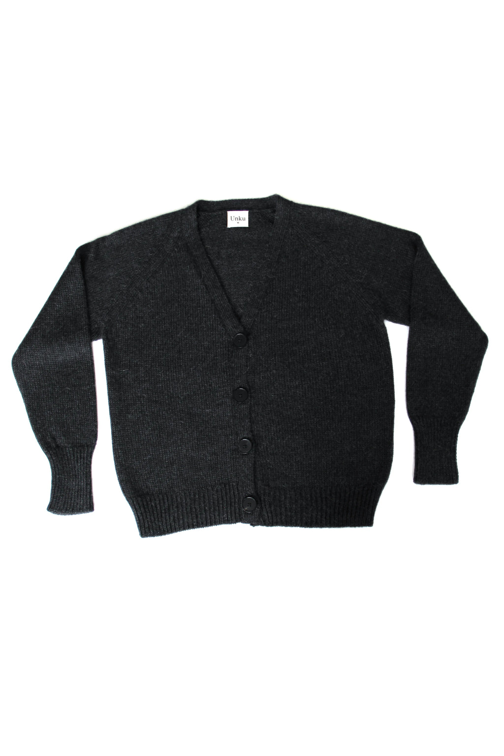 Dark gray 100% baby alpaca cardigan with black horn buttons on a white background