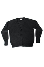 Dark gray 100% baby alpaca cardigan with black horn buttons on a white background