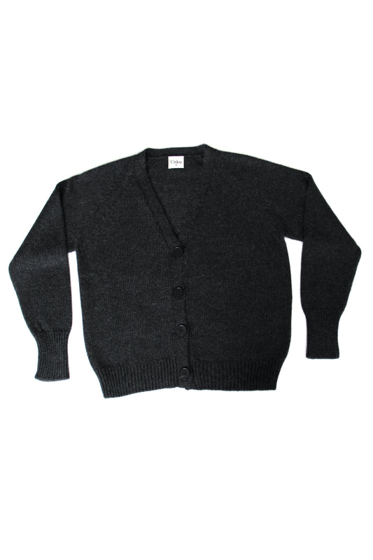 Dark gray 100% baby alpaca cardigan with black horn buttons on a white background